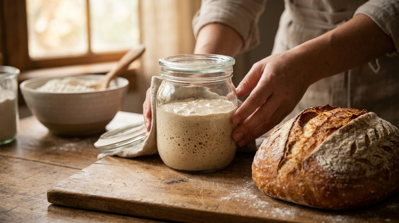 Mains d'une personne tenant un bocal de levain actif à côté d'un pain au levain fraîchement cuit sur une table en bois.