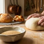 Mains d'une personne pétrissant une boule de pâte sur une table en bois avec du pain cuit en arrière-plan.