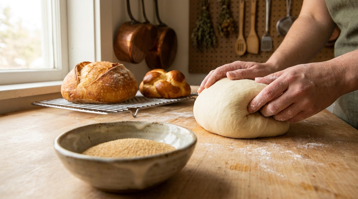 Réussir ses pâtes avec la levure boulangère déshydratée Mains d'une personne pétrissant une boule de pâte sur une table en bois avec du pain cuit en arrière-plan.