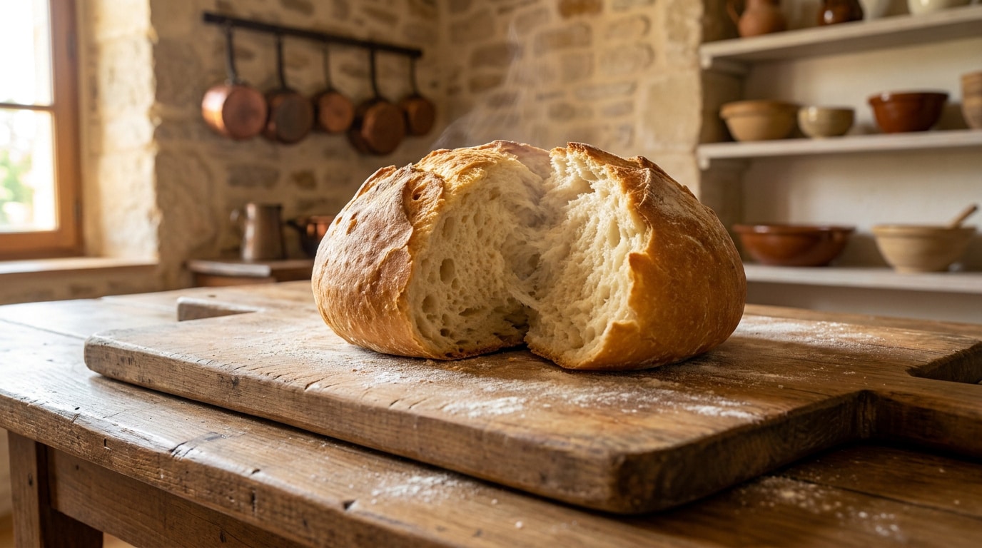 Une mique chaude et fumante ouverte en deux sur une planche à découper en bois dans une cuisine rustique.