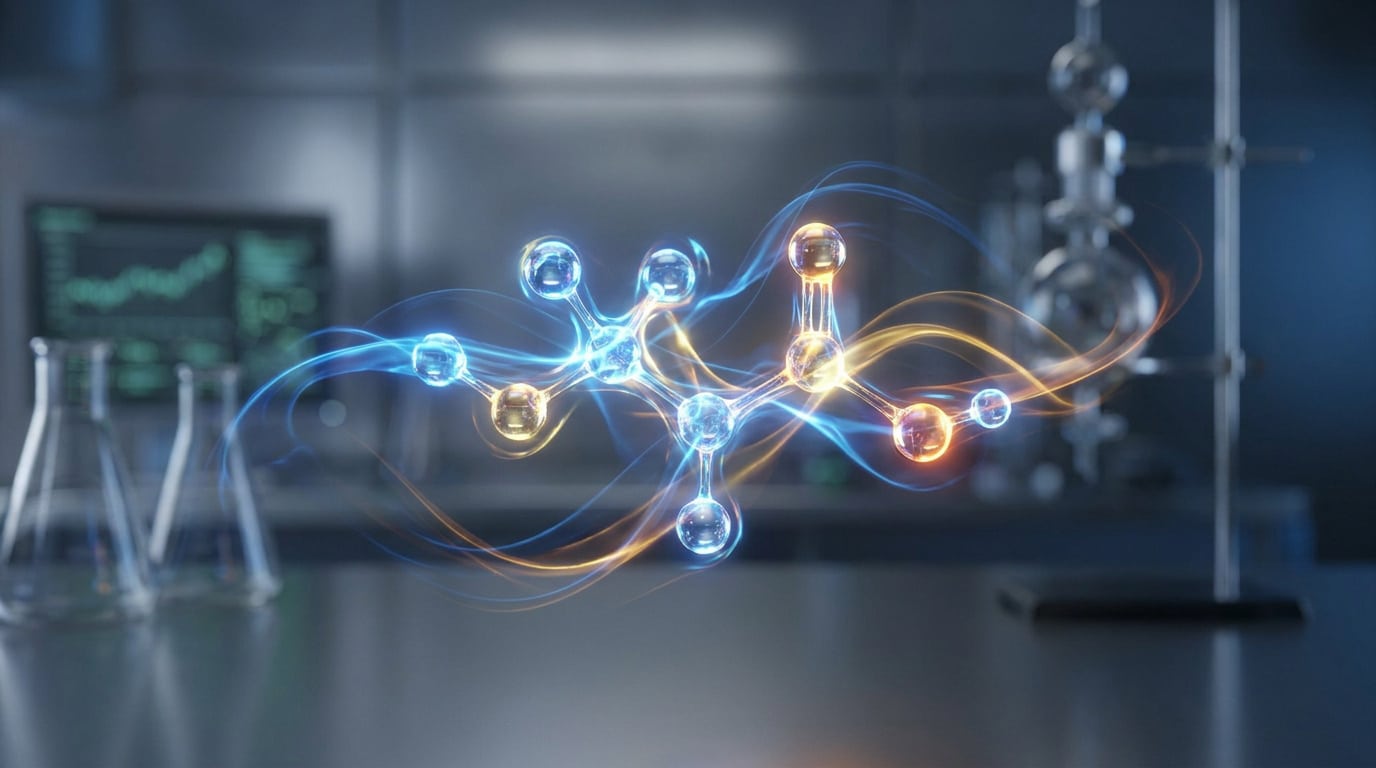 Représentation 3D d'une molécule complexe avec des traînées de lumière bleue et orange dans un laboratoire.