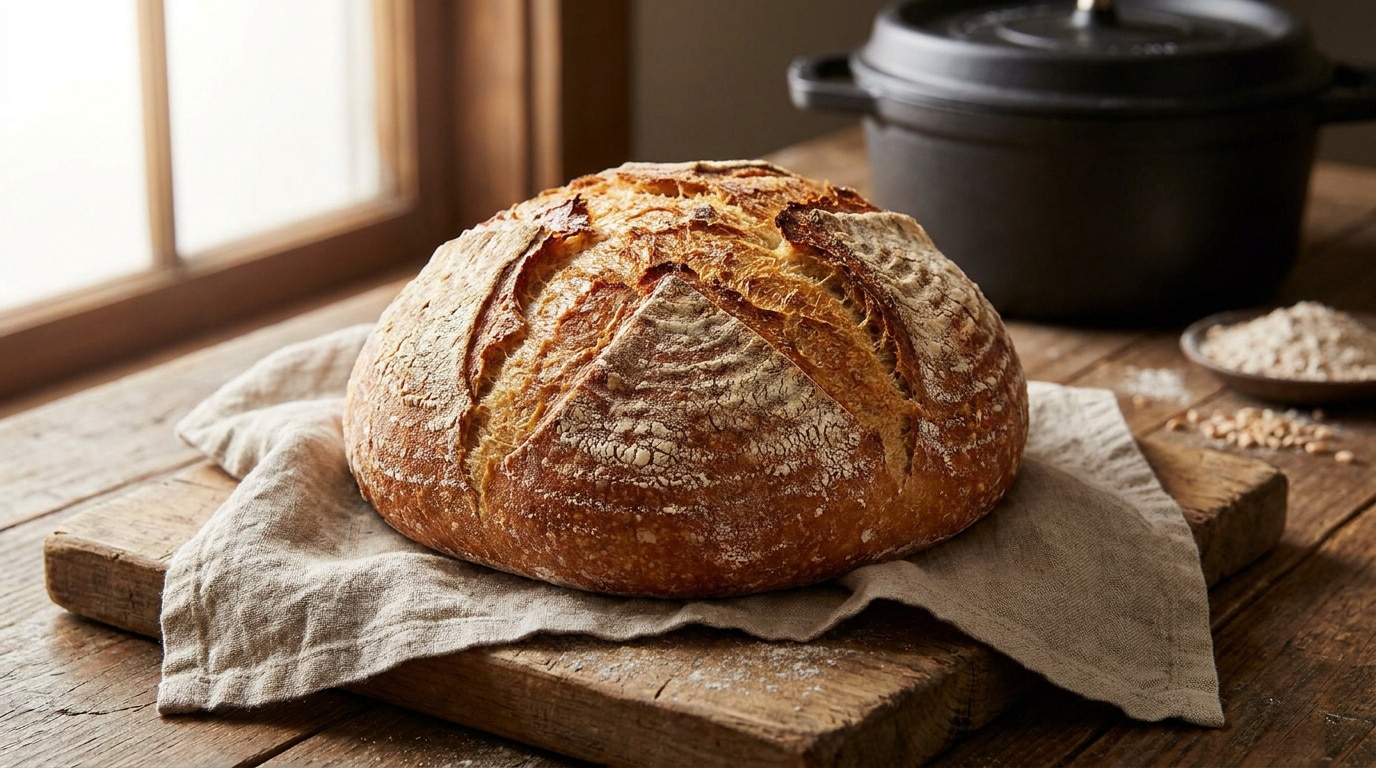 Une miche de pain rustique dorée posée sur une planche en bois avec une cocotte en fonte en arrière-plan.
