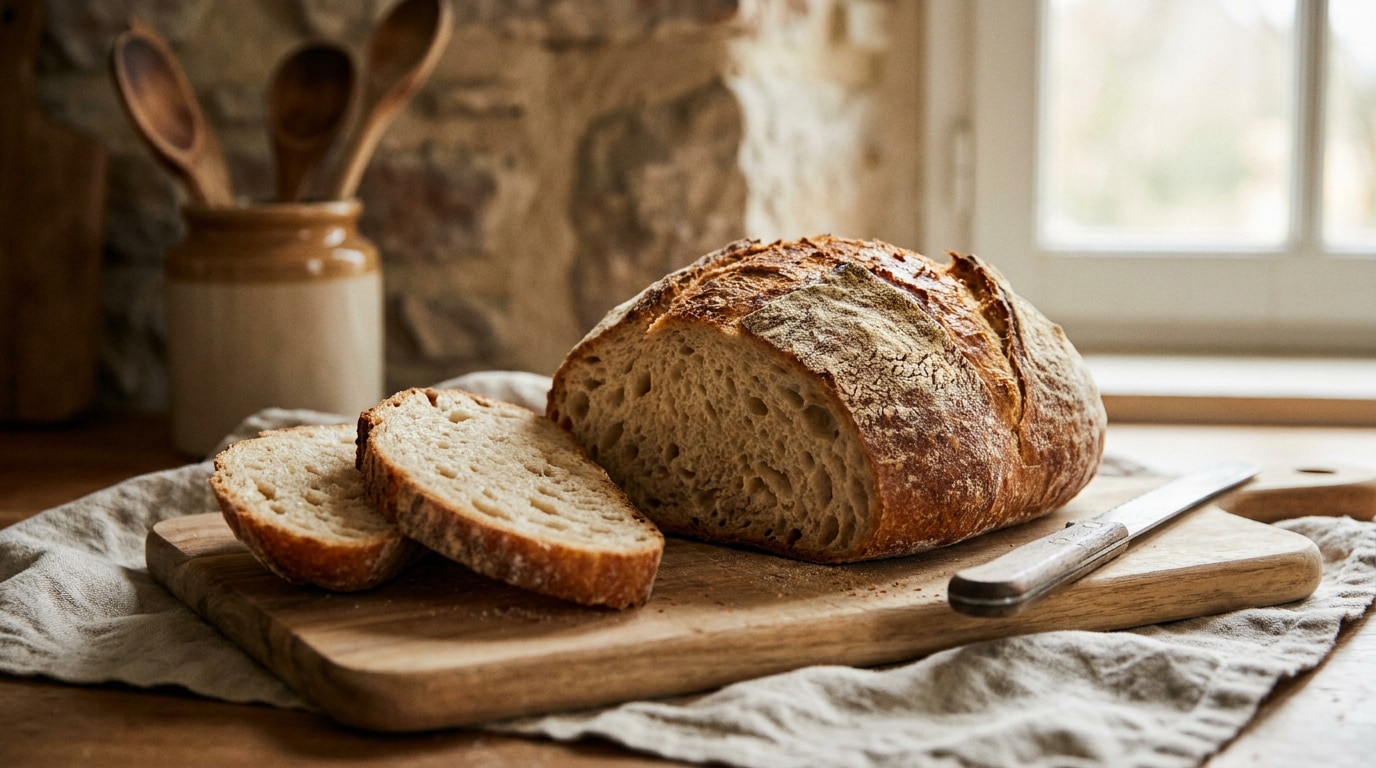 Une miche de pain de campagne artisanale coupée en tranches sur une planche en bois dans une cuisine rustique.