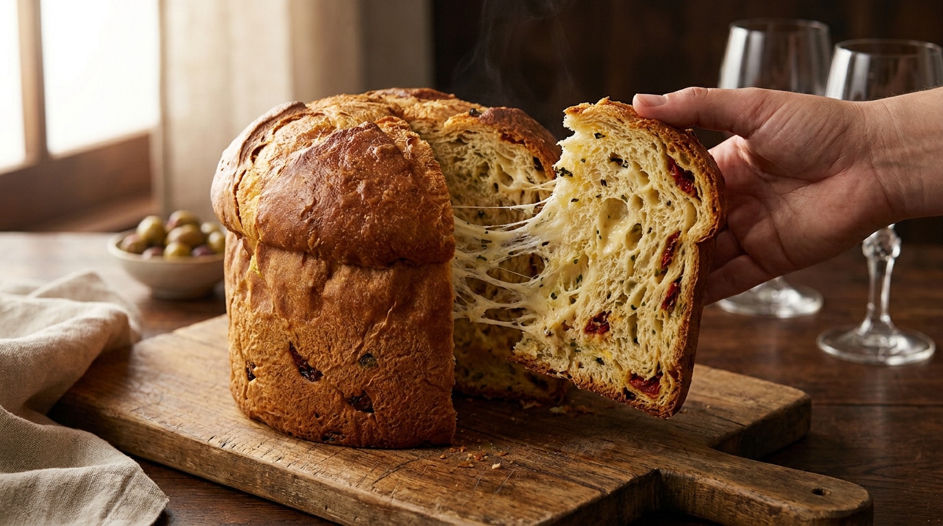 Main retirant une tranche de panettone salé avec du fromage fondant sur une planche en bois.