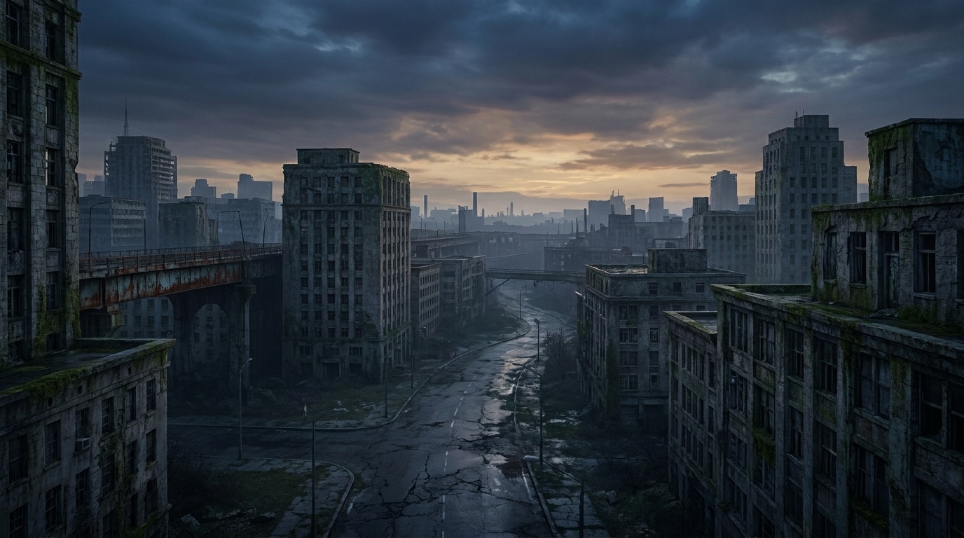 Paysage urbain désolé et sombre avec des bâtiments en ruines et une route déserte sous un ciel nuageux.