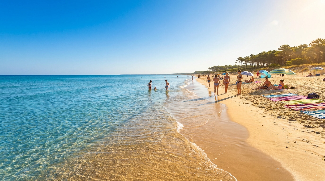 Plage de sable doré avec des personnes se baignant dans une eau turquoise sous un ciel bleu dégagé à Biscarrosse.