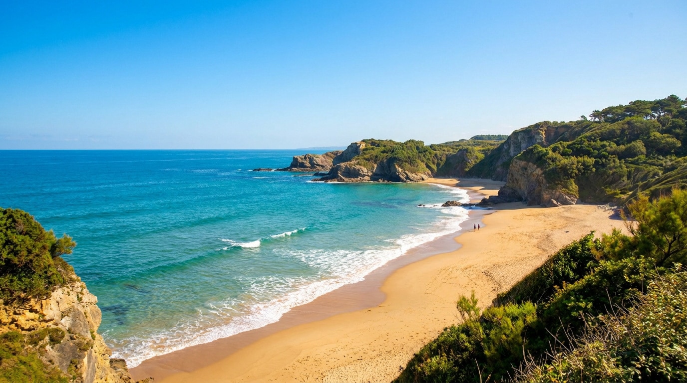 Vue plongeante sur la plage d'Erretegia à Bidart, entourée de falaises verdoyantes sous un ciel bleu éclatant.