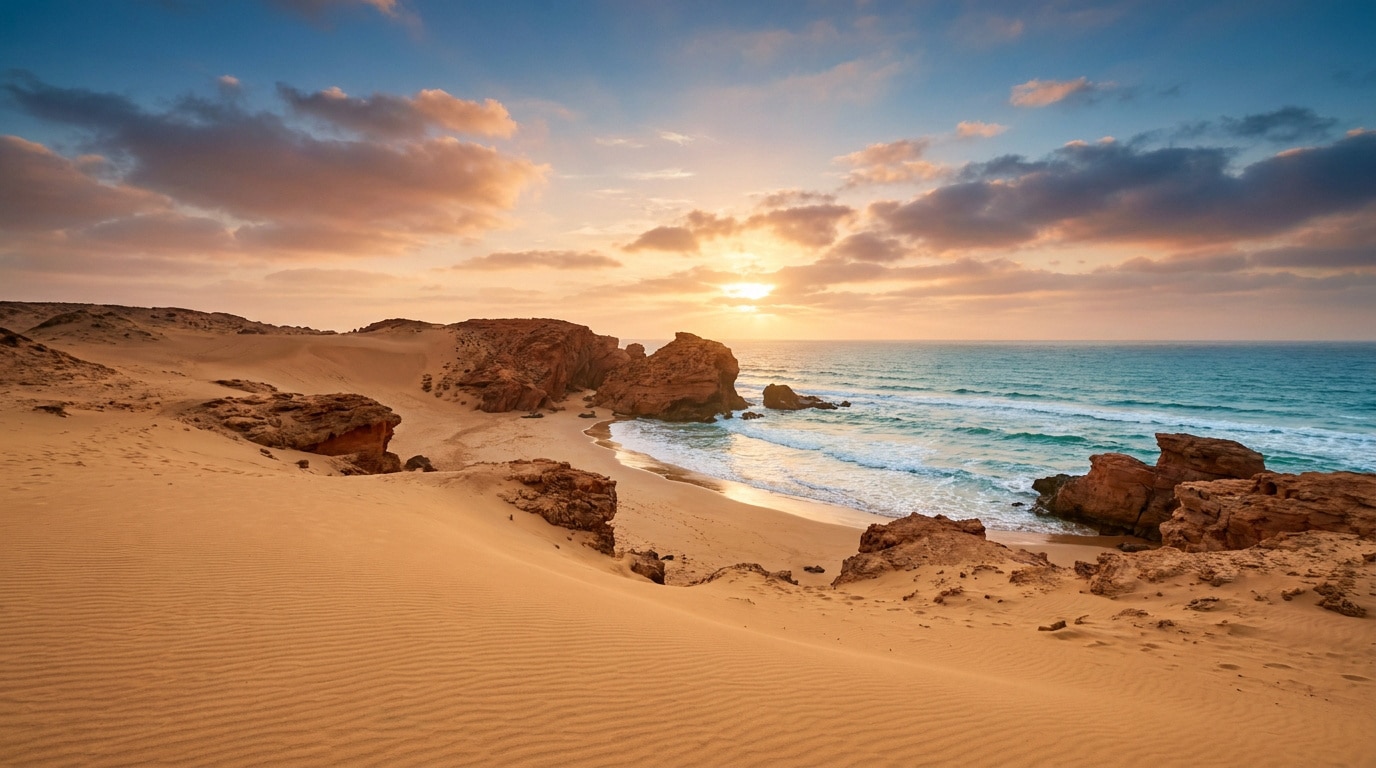 Coucher de soleil doré sur une plage sauvage marocaine entourée de dunes de sable et de formations rocheuses.