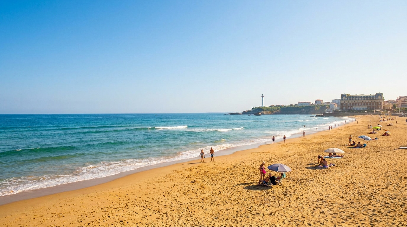 Plage de sable doré de Miramar à Biarritz avec des baigneurs, des parasols et le phare au loin par une journée d'été.