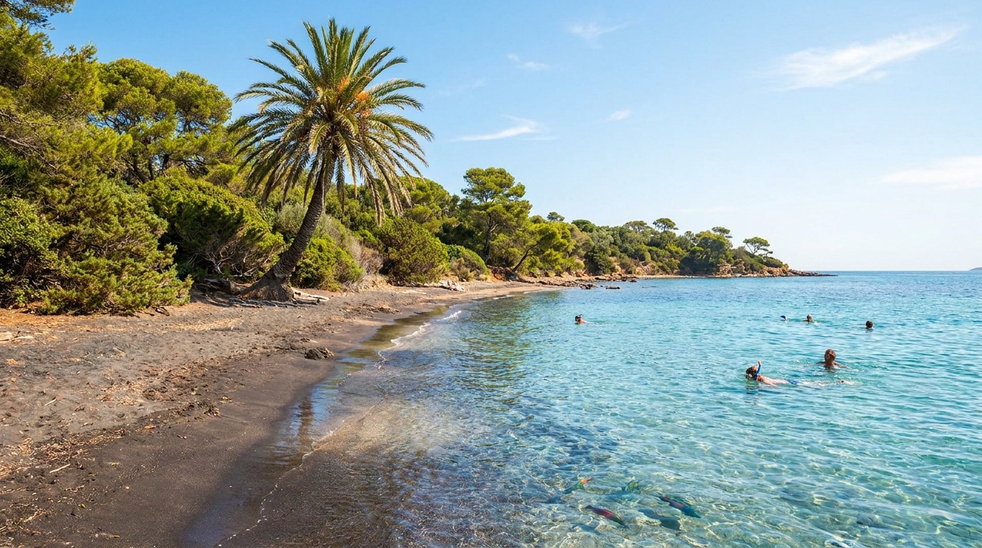 Plage de sable noir avec un palmier, bordée par une forêt de pins et une mer turquoise cristalline avec des baigneurs.