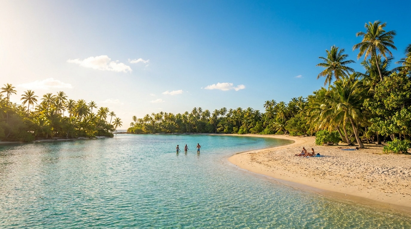 Plage paradisiaque avec cocotiers, eaux cristallines et personnes profitant du soleil en avril.
