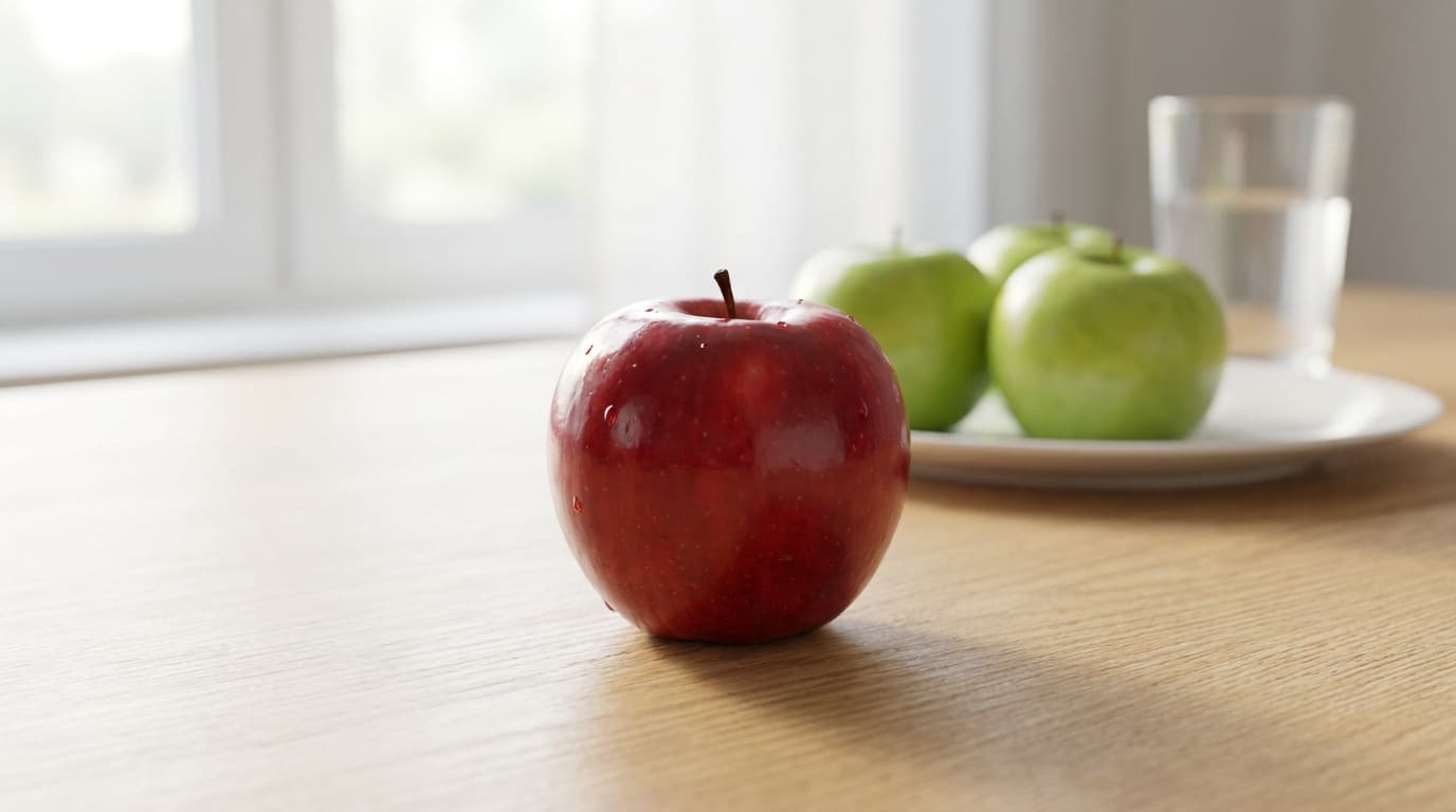 Une pomme rouge au premier plan, avec des pommes vertes et un verre d'eau en arrière-plan sur une table en bois.