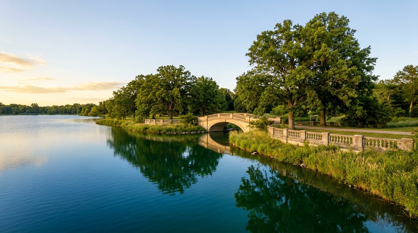 Un pont en pierre classique traverse une étendue d'eau paisible entourée d'arbres verdoyants au coucher du soleil.