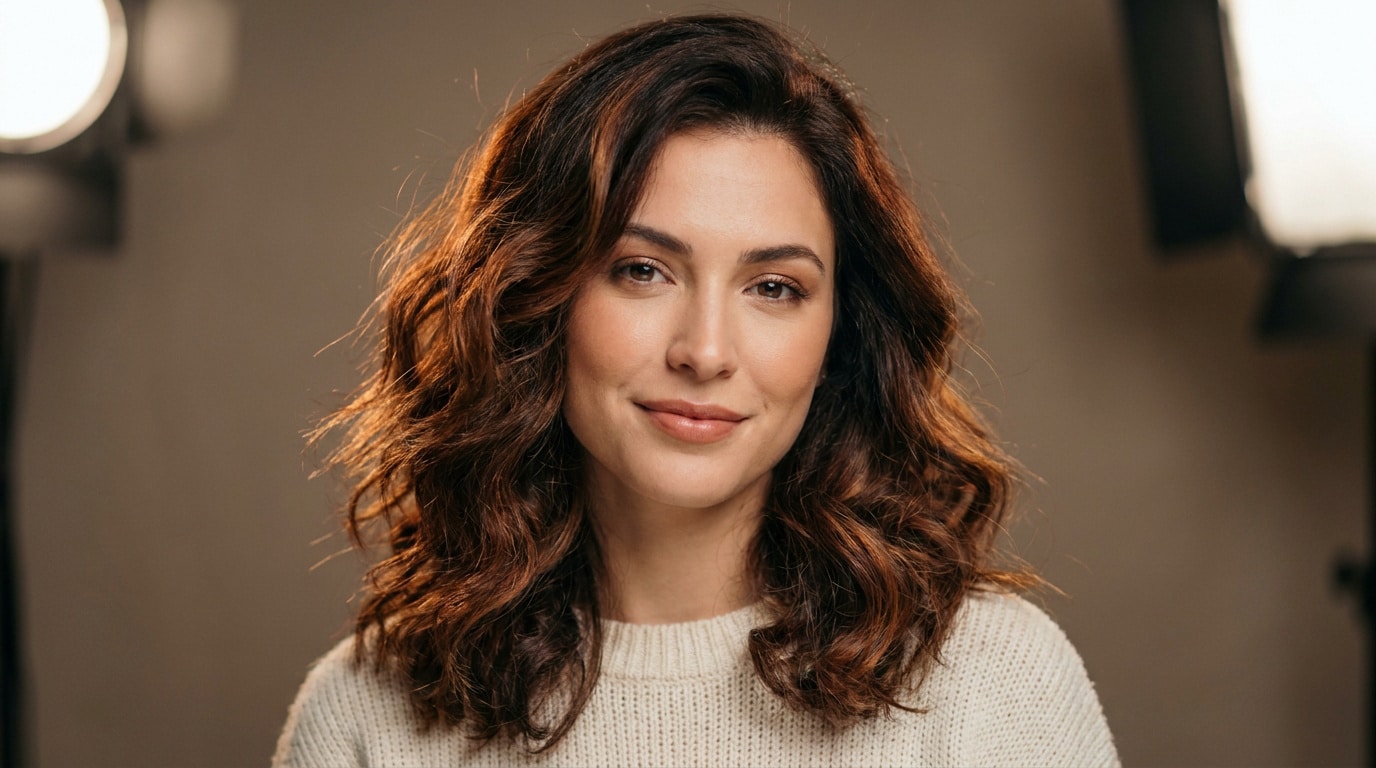 Portrait d'une femme souriante aux cheveux ondulés couleur chocolat dans un studio professionnel.