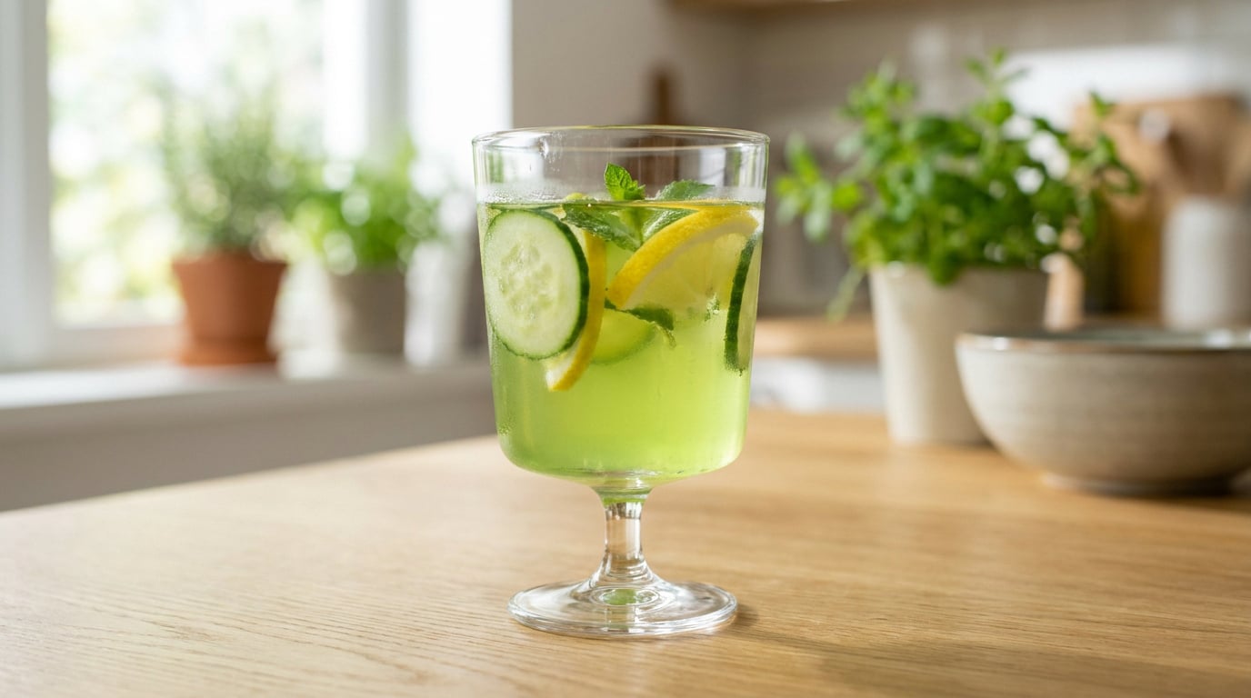 Un verre d'eau infusée avec des tranches de concombre, de citron et des feuilles de menthe sur une table en bois.