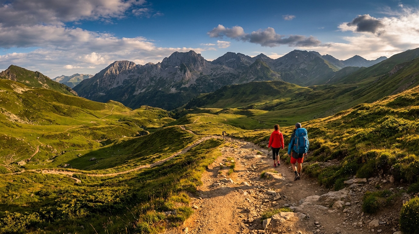 Deux randonneurs marchant sur un sentier en montagne avec en arrière-plan des sommets pyrénéens sous un ciel nuageux.