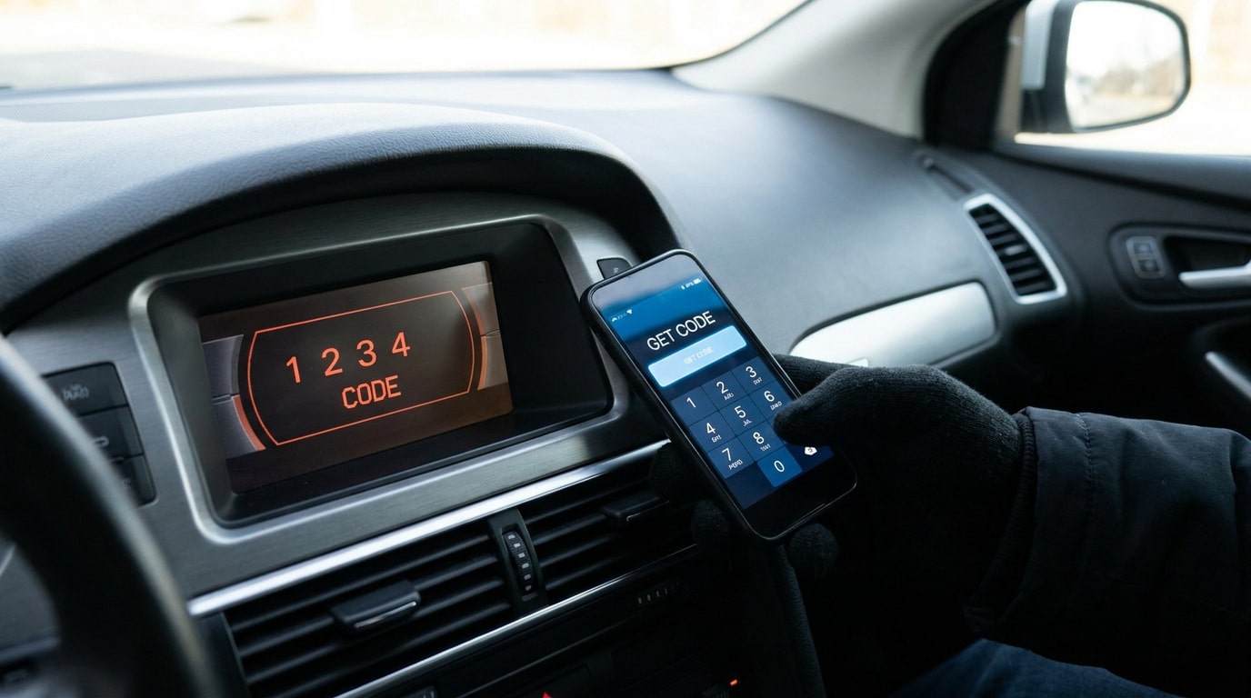 Une personne utilisant une application mobile pour débloquer le code autoradio sur l'écran d'une voiture.