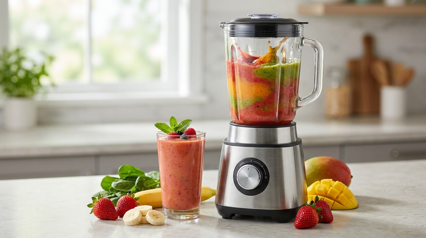 Réussir votre recette smoothie blender pour une boisson parfaite Un blender en inox mixant des fruits frais à côté d'un verre de smoothie décoré avec de la menthe sur un plan de travail.