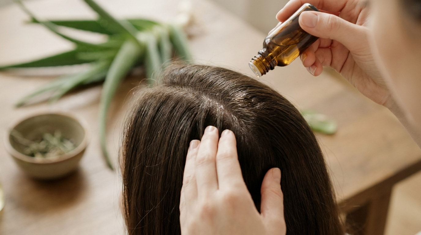 Une personne applique de l'huile sur son cuir chevelu avec une plante d'aloe vera en arrière-plan.
