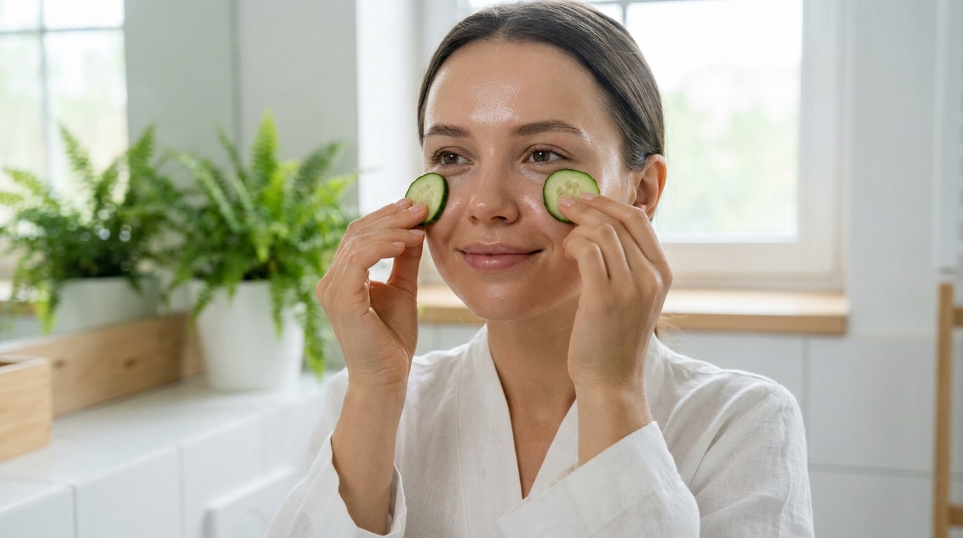 Une femme souriante applique des rondelles de concombre sur ses yeux pour réduire les poches.