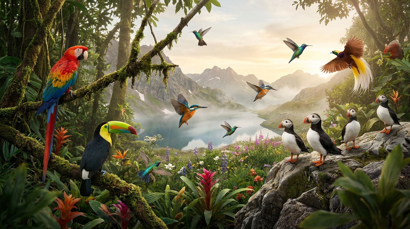 Un paysage luxuriant avec divers oiseaux exotiques tels que perroquets, toucans, colibris et macareux au-dessus d'un lac.