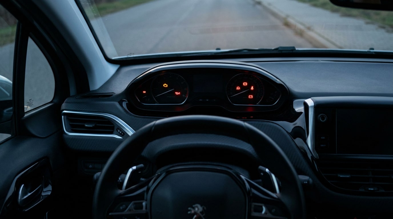 Tableau de bord d'une Peugeot 2008 avec plusieurs voyants d'alerte allumés derrière le volant.