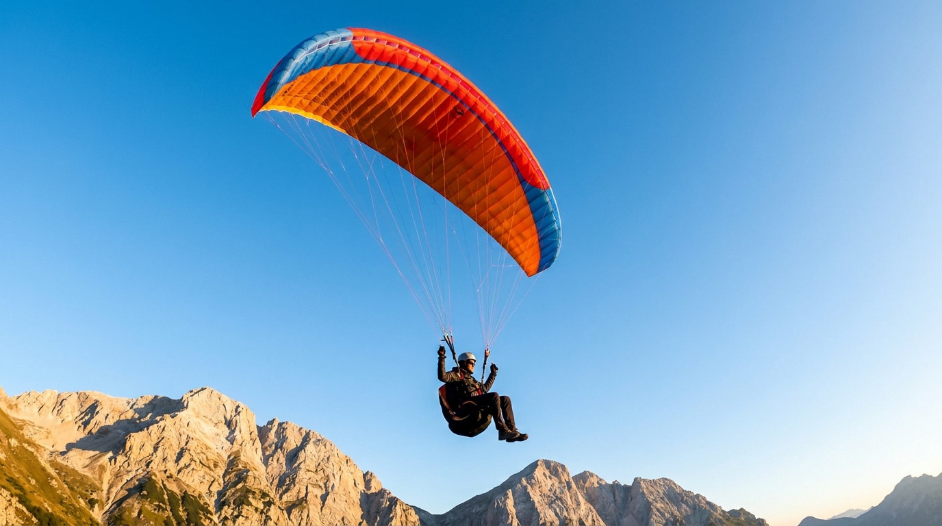 Un parapentiste vole avec une voile orange et bleue au-dessus d'une chaîne de montagnes sous un ciel bleu clair.